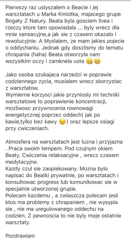 Opinia na temat indywidualnych sesji oddechowych